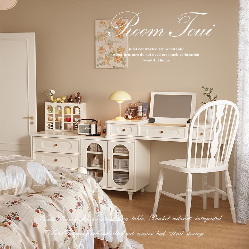法式复古白色实木梳妆台斗柜一z体伸缩化妆桌奶油风转角床尾收纳