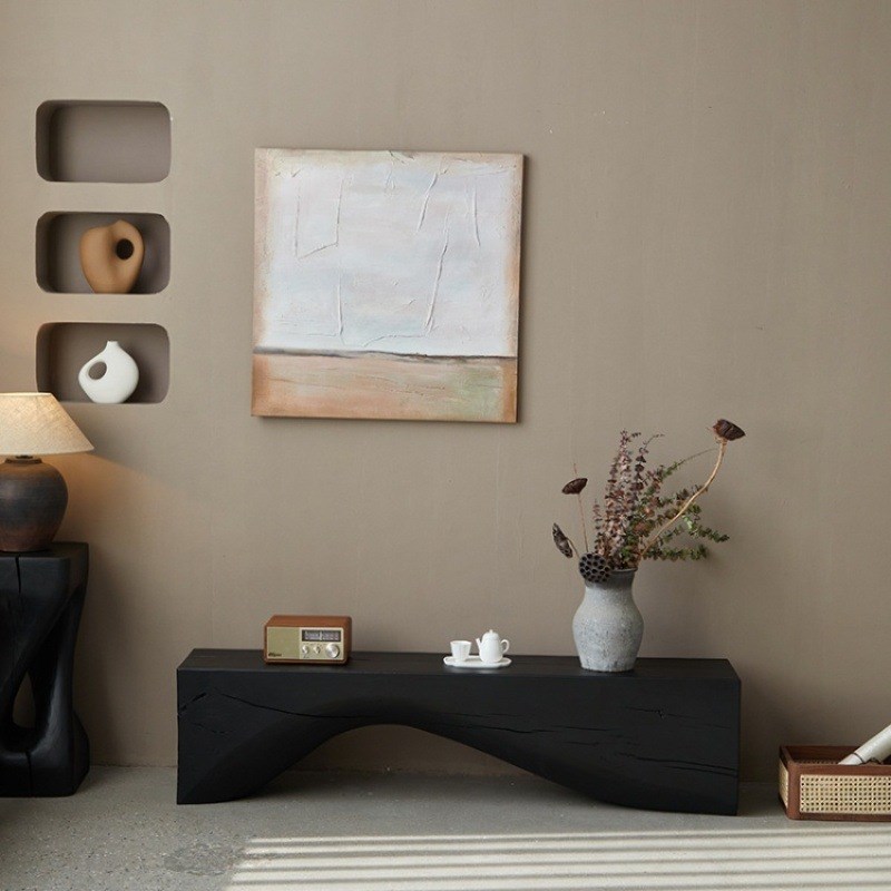 侘寂风碳化黑色木墩实木长条凳换鞋凳子民宿复古电视柜客厅泡茶凳