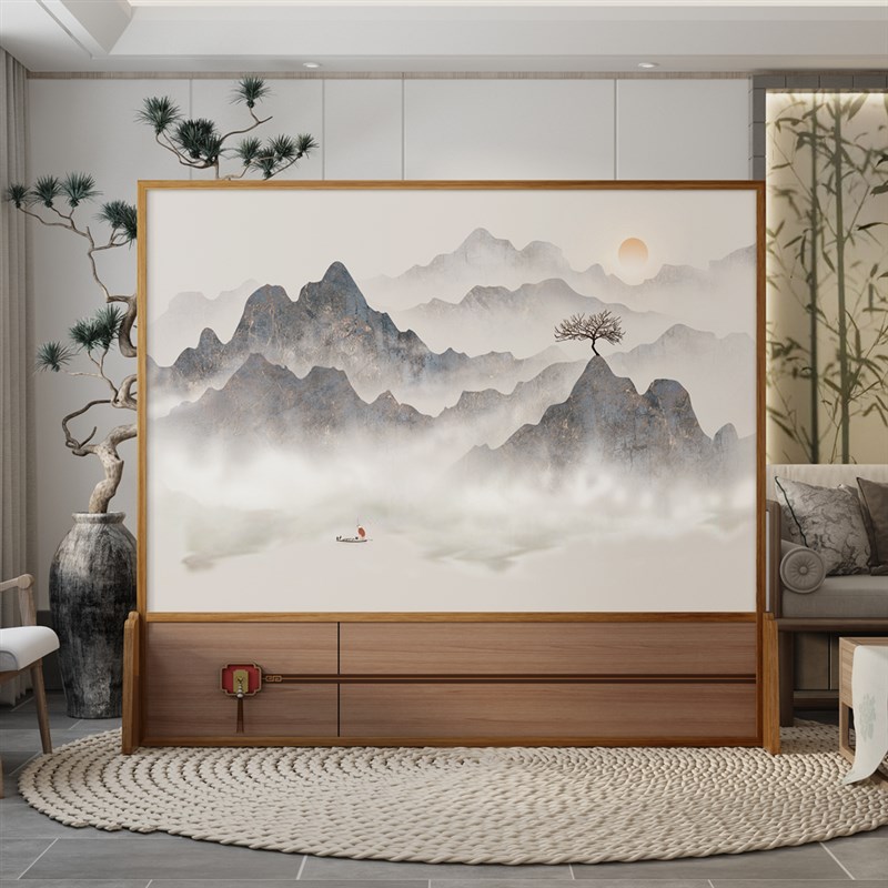 K8新中式屏风隔断办公室酒店大厅客厅入户移动卧室遮挡家用实木座