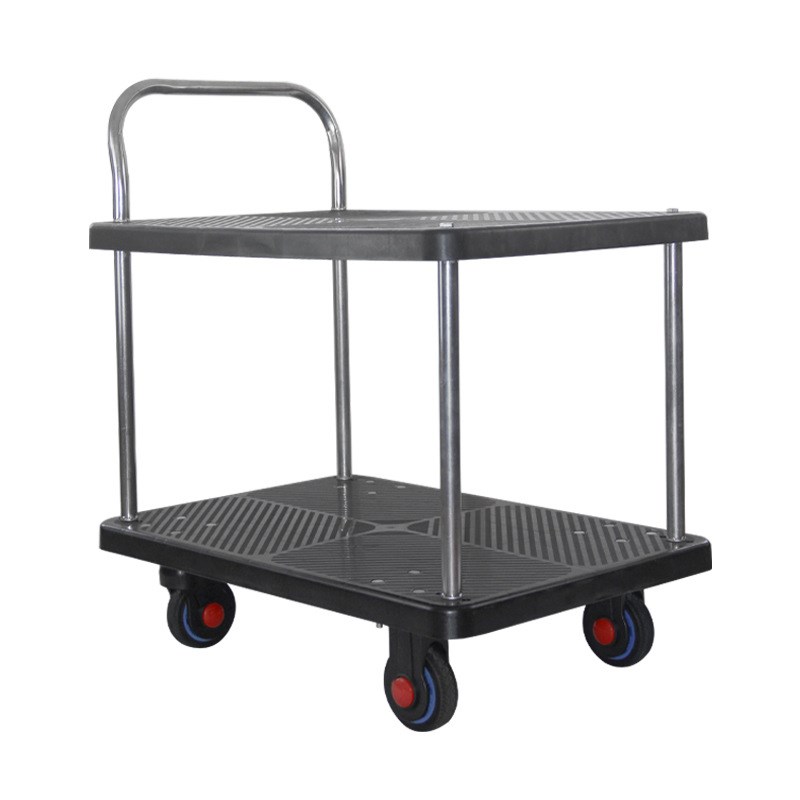 定制黑色双层手推车四轮工业小推车搬运板车家用推车多层围栏货车