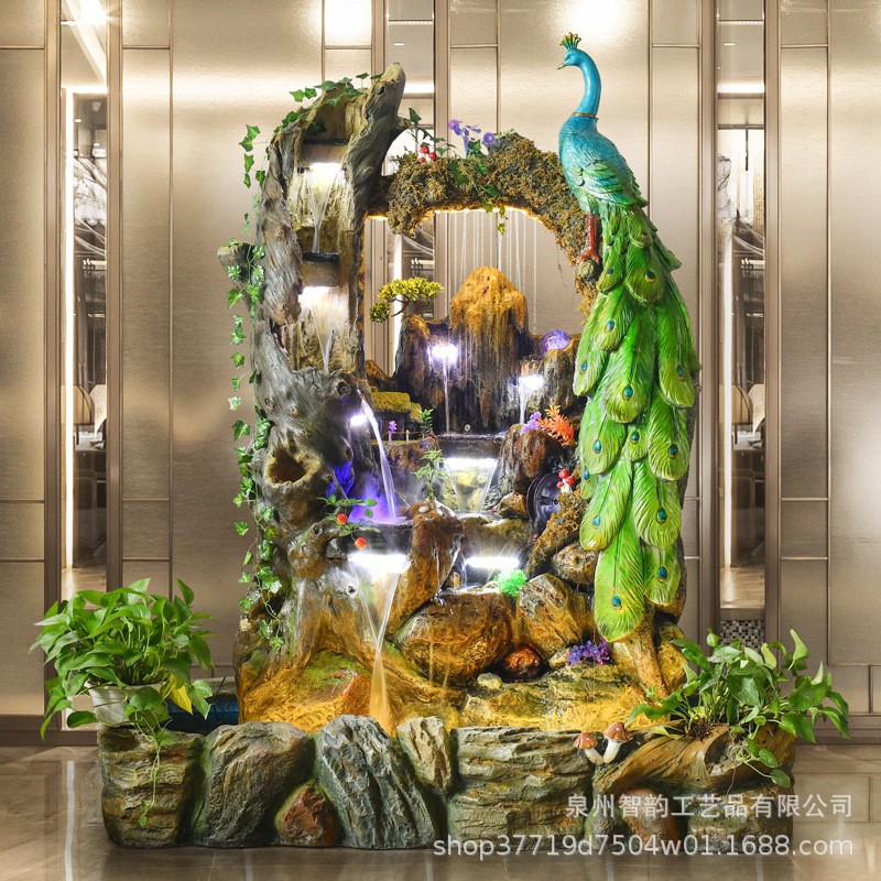 大象假山喷泉流水孔雀摆件客厅别墅阳台办公茶室鱼缸水景观工艺品