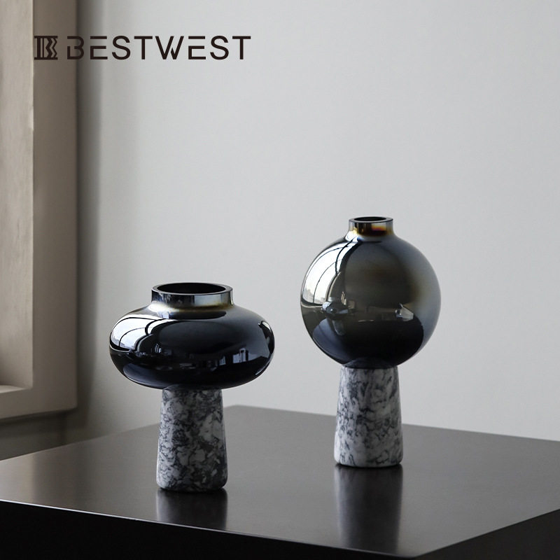 Best west 新中式大理石玻璃花瓶摆件 家居样板间设计师高档花器
