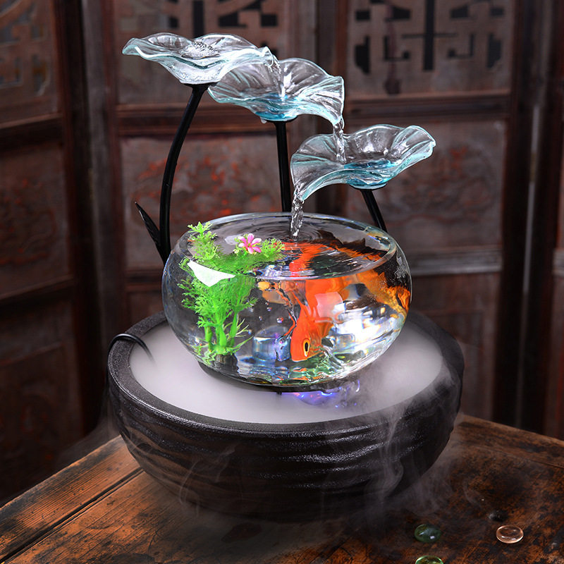 桌面流水鱼缸盆景加湿器摆件家用客厅装饰水车轮招财新家乔迁礼品