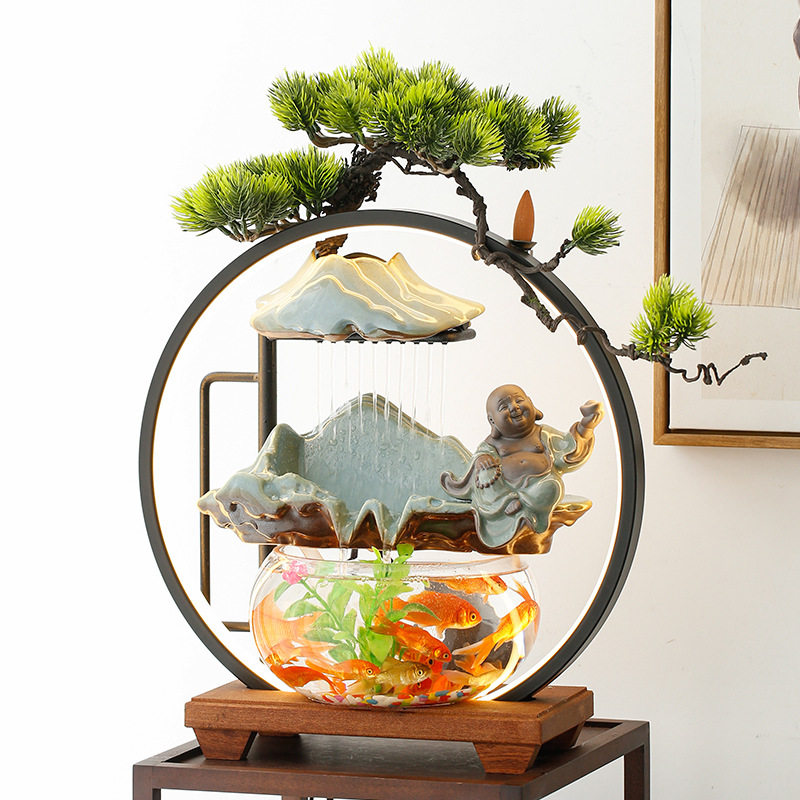 创意小型客厅循环流水摆件装饰生财招财喷泉办公桌面鱼缸乔迁礼品