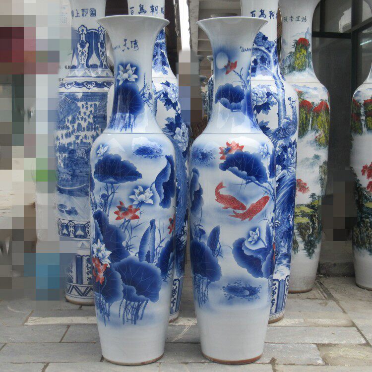 陶瓷落地大花瓶手绘荷花鱼酒店客厅装饰大摆件落地大花瓶开业礼品