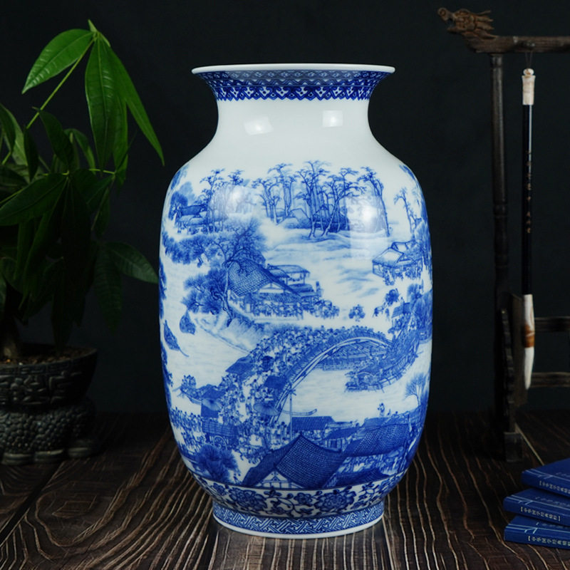 仿古青花清明上河图冬瓜花瓶景德镇中式陶瓷家居客厅装饰摆件