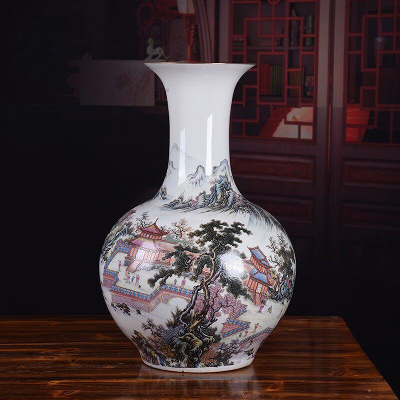 仿古陶瓷落地花瓶粉彩花瓶摆件工艺品家居客厅插花电视柜装饰品收