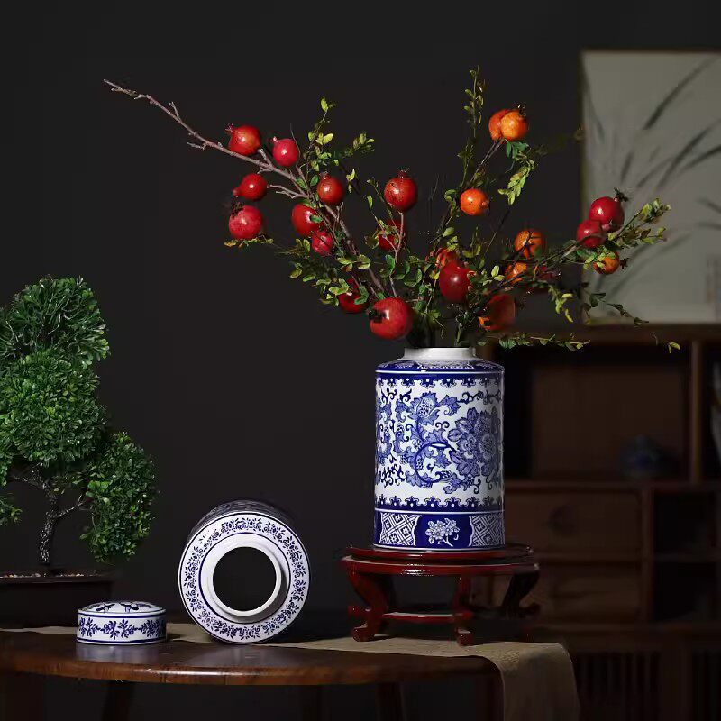新中式青花瓷陶瓷花瓶摆件客厅插花复古花器博古架摆设储物罐