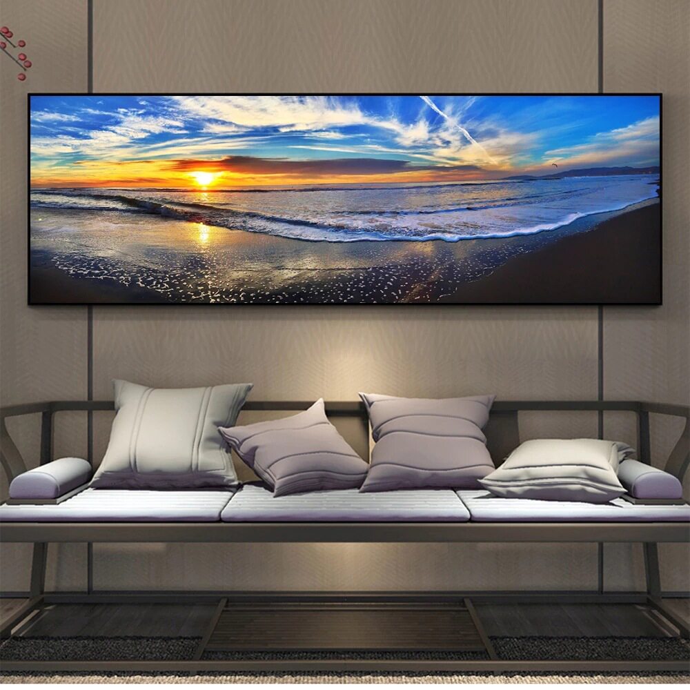 现代简约单幅海滩日出日落喷绘画创意沙发背景墙装饰画挂画油画