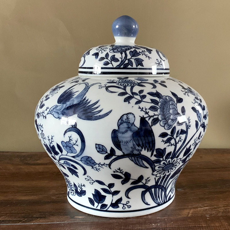 青花瓷花瓶插花陶罐带盖客厅中式仿古花瓶玄关装饰陶瓷摆件储物罐