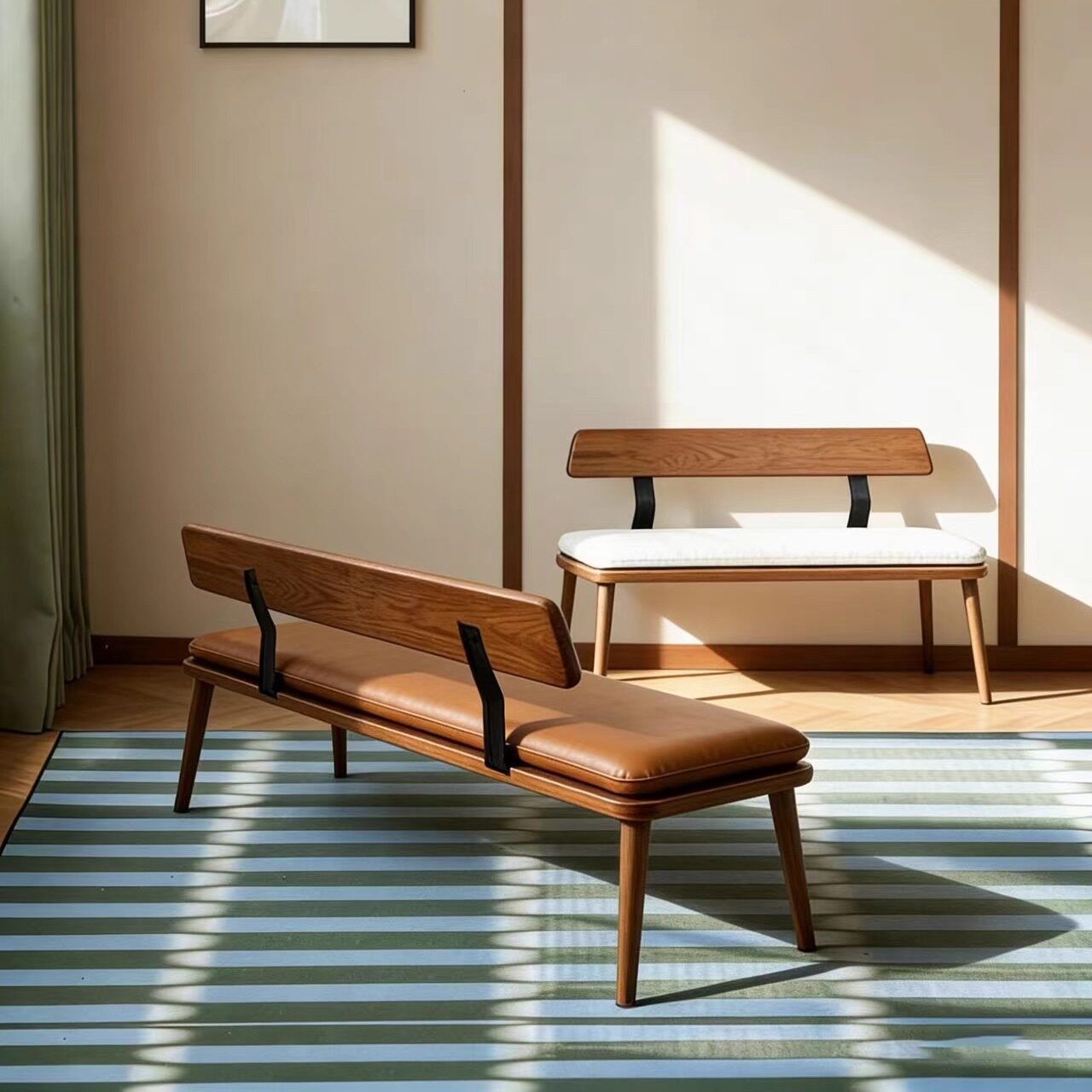 北欧长椅带靠背休闲椅实木餐桌长板凳沙发椅家用客厅双人长条凳子