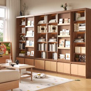 实木书柜儿童多层推拉门带卡座客厅一体整墙储物柜书架满墙展示柜