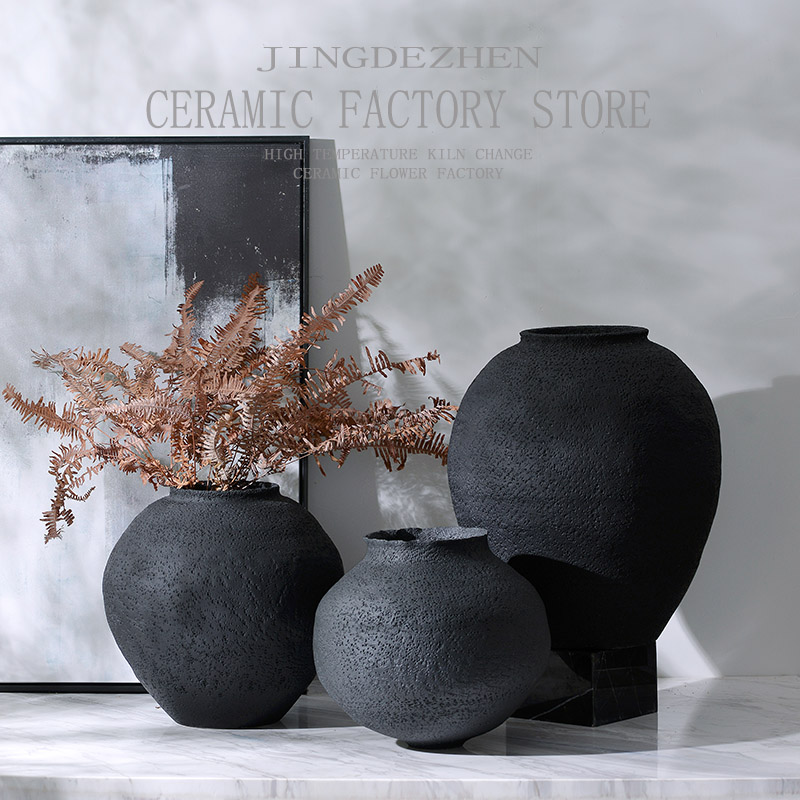 中式复古禅意黑色粗陶陶罐花瓶客厅插花J陶瓷摆件酒店样板间装饰
