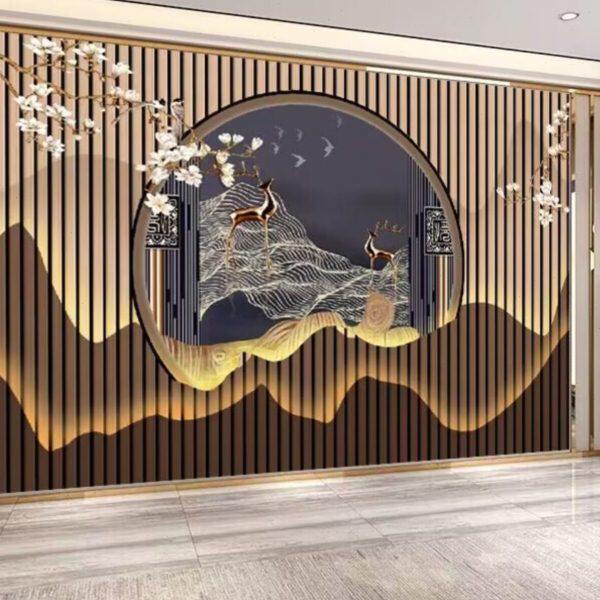 8d现代中式风格客厅电视背景墙布5d花鸟山水浮雕壁画卧室茶室壁纸