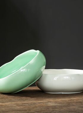 中式碗莲水盘花盆青白莲花陶瓷大口径睡莲家用客水带托培厅养器皿