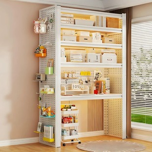 家用洞洞板置物架简易挂衣架落地多层客厅卧室阳台带防尘帘储物架