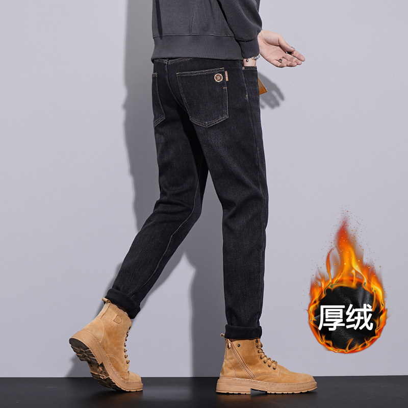 高端厚绒牛仔裤男款修身弹力小脚显瘦休闲新款冬季加绒加厚保暖裤