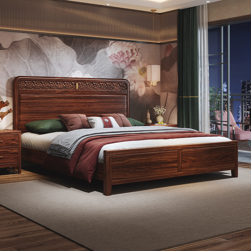 新中式乌金木实木床双人床全实木轻奢主卧家用卧室1.8m大床中国风