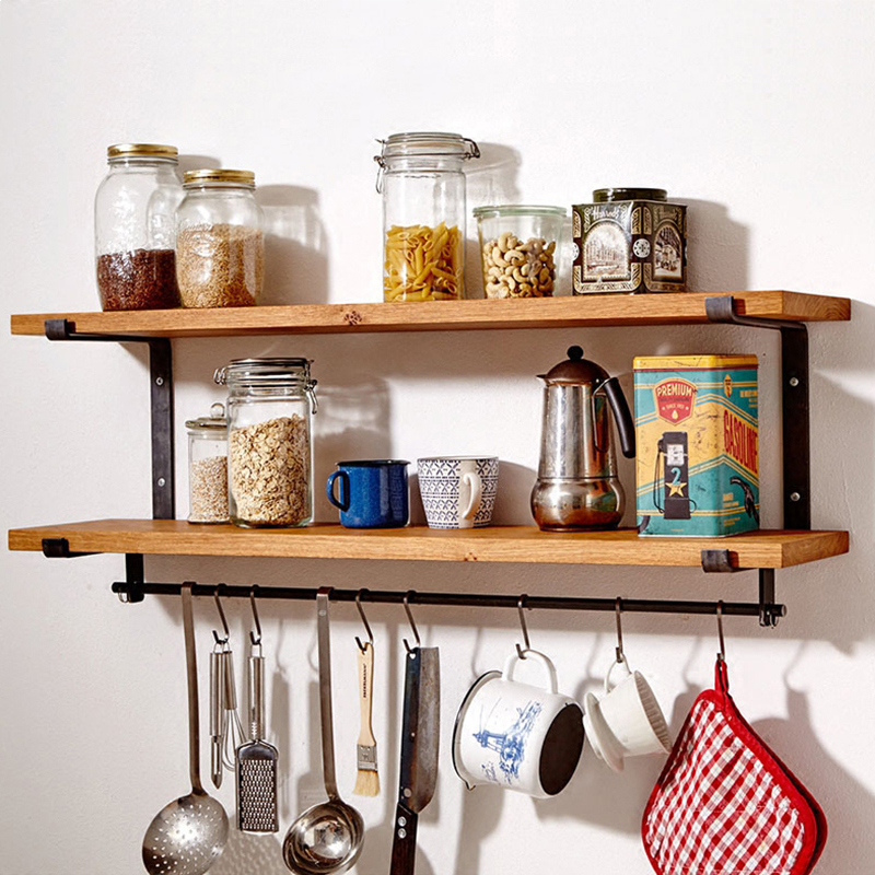 厨房收纳壁挂式调l味料铁艺实木墙壁隔板墙上免打孔杯子挂钩置物