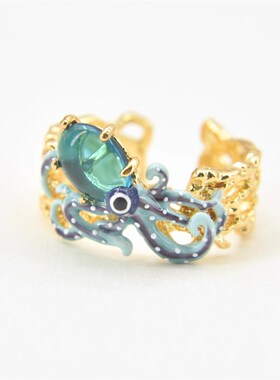 法国手工珐琅 海底两万里 蓝色八爪鱼 宝R石珍珠 章鱼戒指