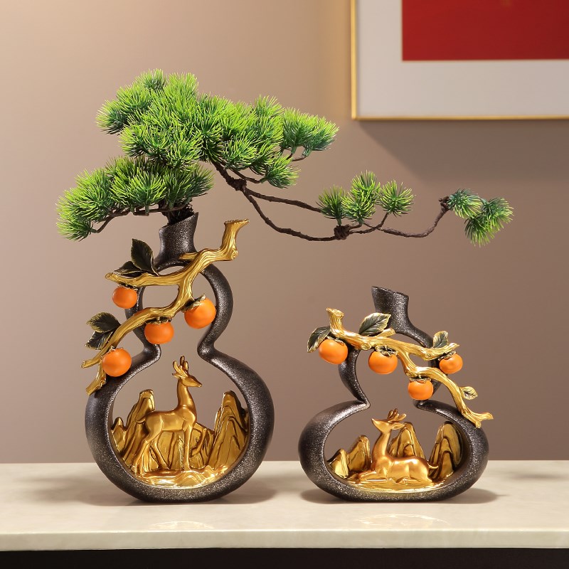 新中式招财葫芦迎客松花瓶摆件客厅E玄关办公室装饰乔品迁开业礼