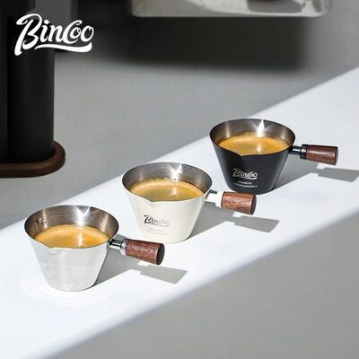 Bincoo木柄意式浓缩咖啡量杯不锈钢带刻度小奶盅咖啡萃取杯90ml