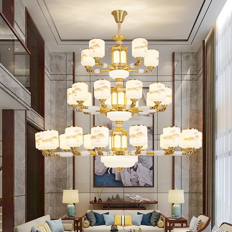 新中式别墅客厅玉石大吊灯现代简约中国风山水Q画禅意茶楼酒店灯