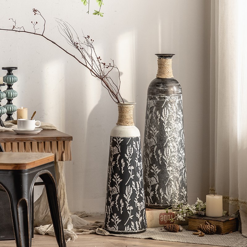 新中式客厅落地装饰桌面创意摆件入户玄J关复古铁艺花瓶插干花花