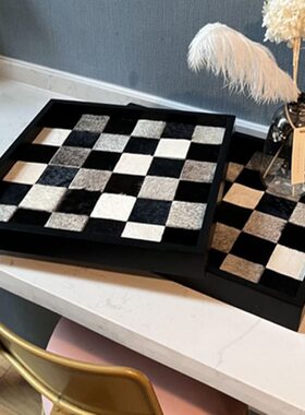 CH@NE*黑白棋盘格马毛托盘玄关桌面收纳首饰盘香熏木托盘