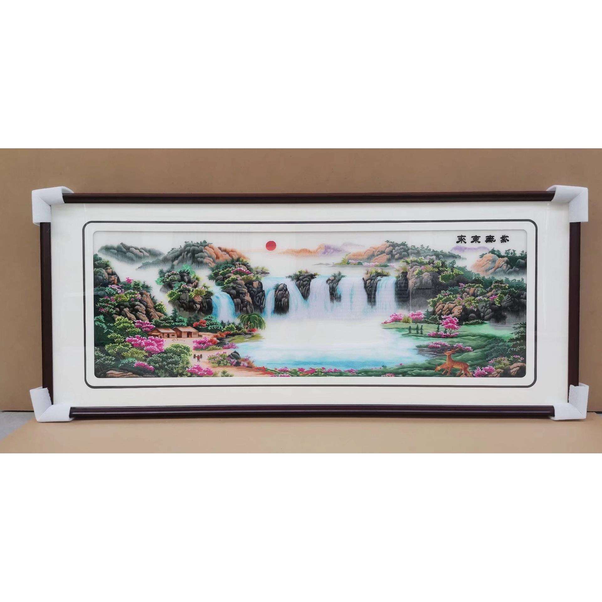 苏绣成品挂画透明刺绣新中式客厅大幅实木山水牡丹图苏绣装饰画