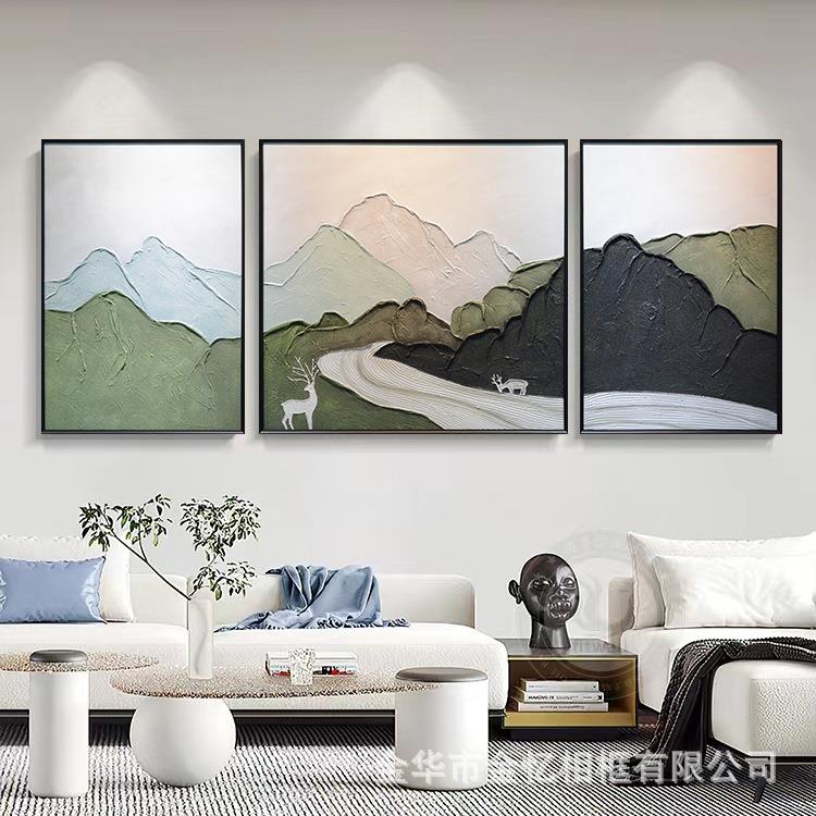 纯手绘抽象山水肌理油画现代简约客厅立体装饰画发财鹿三联挂画
