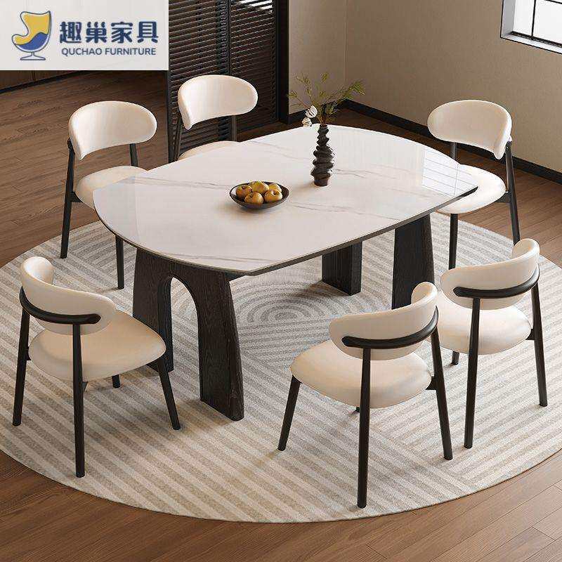 复古风实木餐桌折叠岩板伸缩可变圆桌家用办公大小户型组合餐桌椅