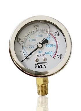 供YRUN不锈钢压力表油润立装径向半钢YBN60 400KG 6000PSI 1/4PT