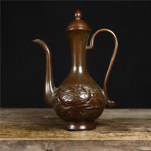 复古牡丹高把壶铜酒壶古玩铜器铜摆件打磨细器型厚重老道