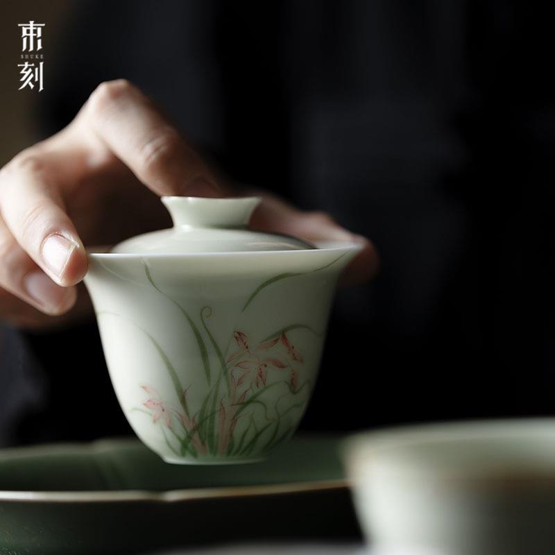 束刻果青釉下彩手绘鸢兰萍盖碗手工薄胎陶瓷碗单个家用手绘茶杯