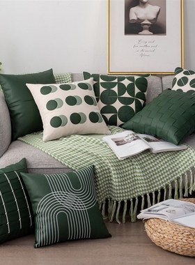 北欧轻奢简约绿色几何pPU皮科技布拼接抱枕套靠枕沙发客厅样板间
