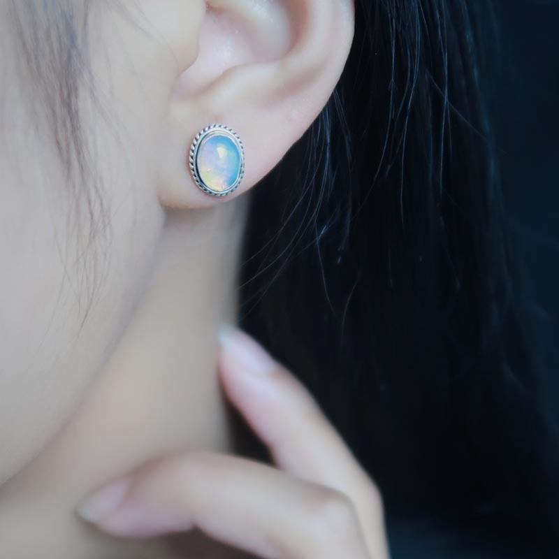 尼泊尔手工S925m银饰品欧泊石耳钉女款耳饰简约个性创意复古民族
