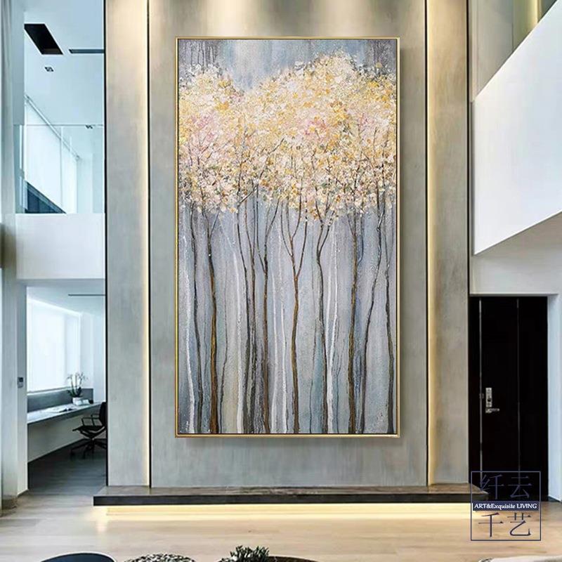 现代简约抽象装饰画纯手工发财树油画玄关客厅落地挂画肌理感壁画