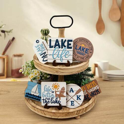 帆船LAKE标志划船组合 分层托盘装饰品 创意桌面木制工艺品摆件