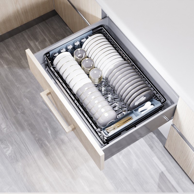 抽屉内置304不锈钢拉篮台面置物架碗碟盘M架带接水盘厨房橱柜拉篮