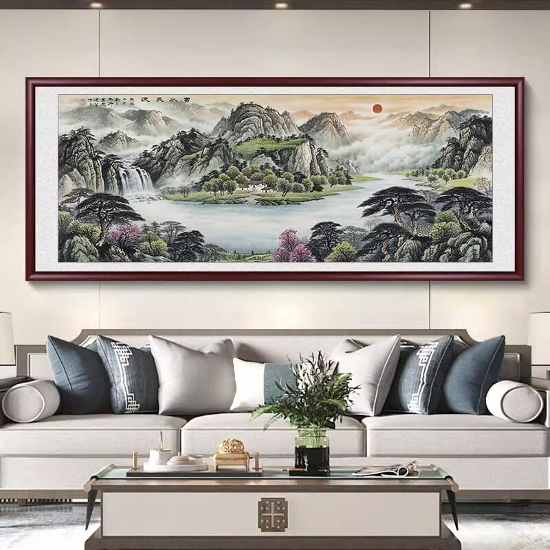 中式沙发背景墙挂画办公室山水画