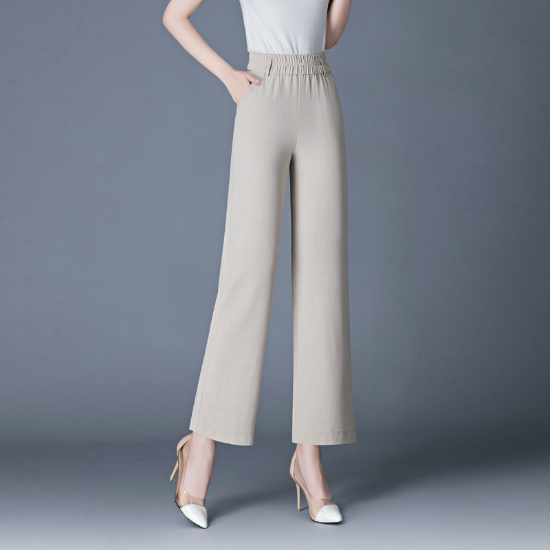 亚麻高腰阔腿裤子女2026年春夏季薄款九分裤松紧腰显瘦垂感休闲裤