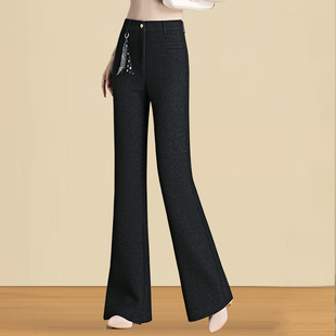 毛呢加厚微喇叭裤子女冬季2025新款高腰女裤修身显瘦休闲喇叭裤子