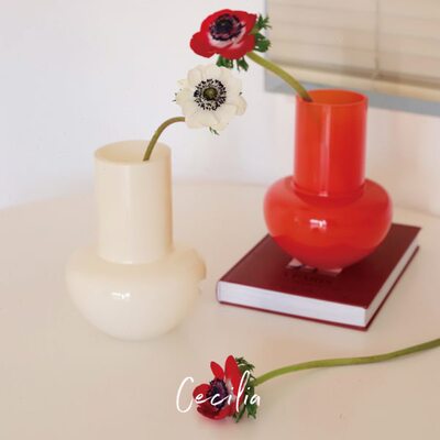 Cecilia 中古桃心红奶油白玻璃花瓶简约居家民宿客厅水养插花器皿