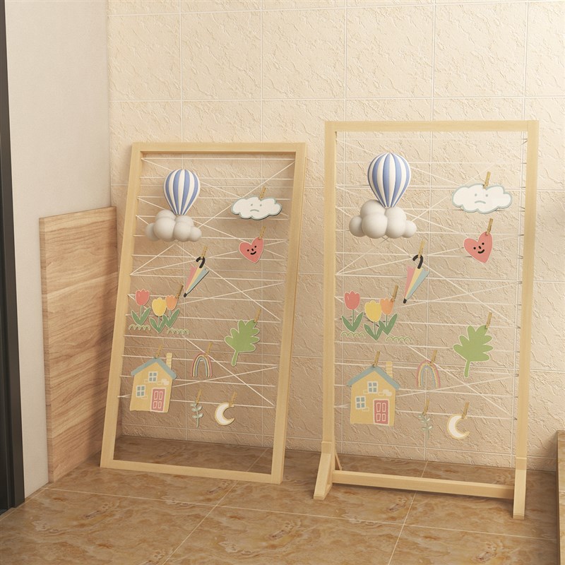 幼儿园用品展示架实木麻绳照x相片收纳架落地式网格背景墙装饰定