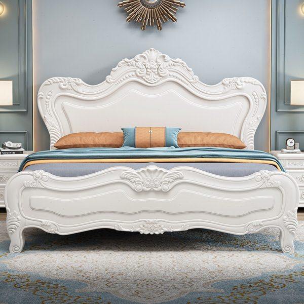 白色主卧欧式实木床现代雕花高箱储物1.8米双人床女孩公主床婚床