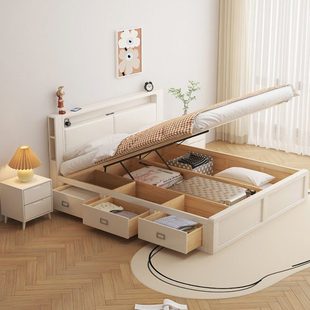 白色全实木储物床现代简约奶油风格1.8米1.5双人床主卧箱体收纳床