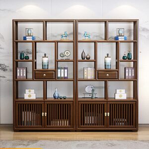 橡胶木新中式博古架置物架古董架客厅实木多宝阁茶叶展示柜办公室