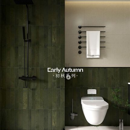 复古绿色卫生间长条格子瓷砖400800洗手间Q微水泥地砖侘寂风墙