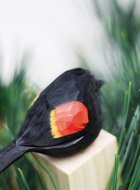 三件包邮 鹿妖商店 红翅黑鹂 红翼鸫 肥啾鸟 纯手工木雕创意摆件